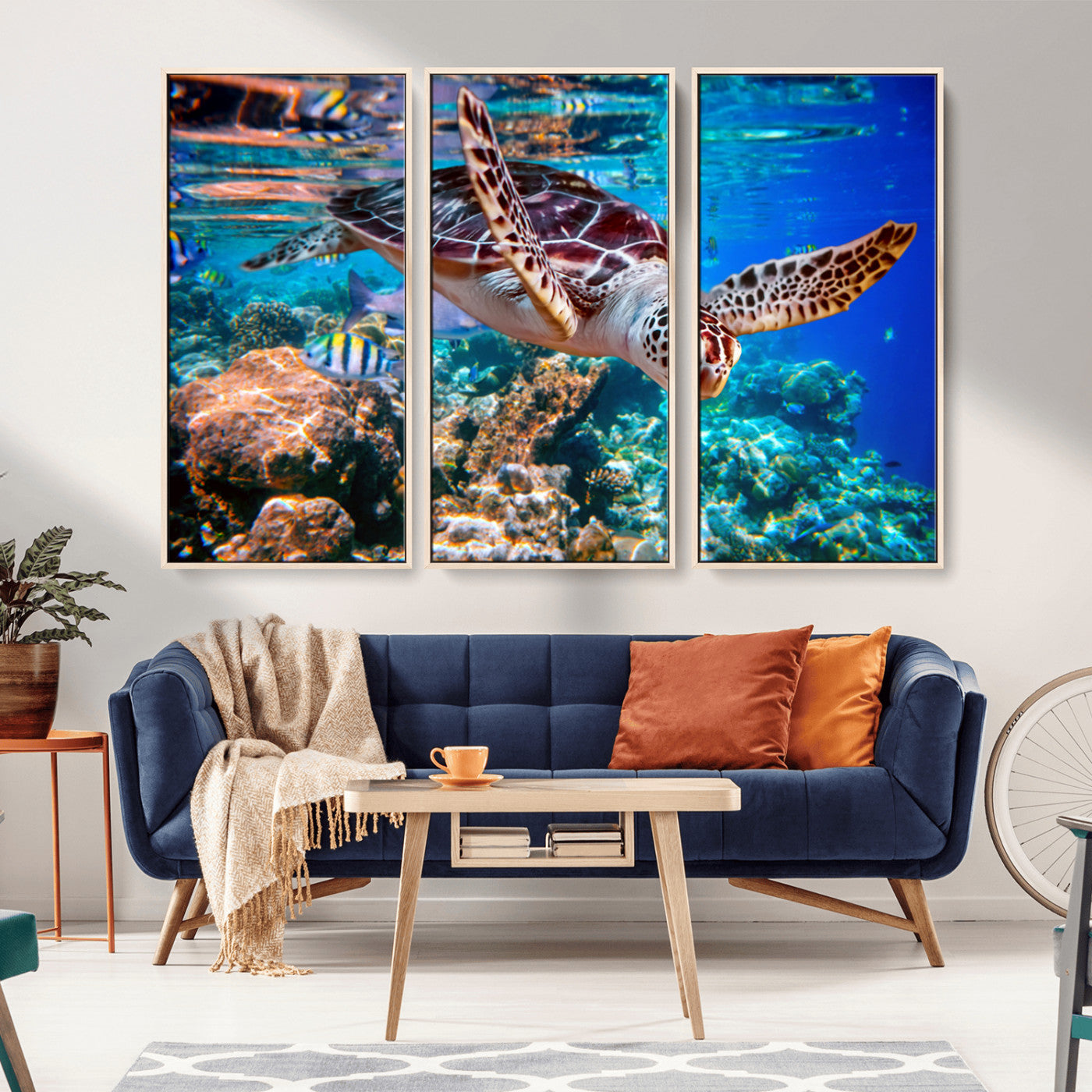 MGV-FC-48X32-3P - Underwater Coral Reef Sea Turtle Wall Art Canvas Print, Vibrant Marine Life | Colorful Ocean Scene