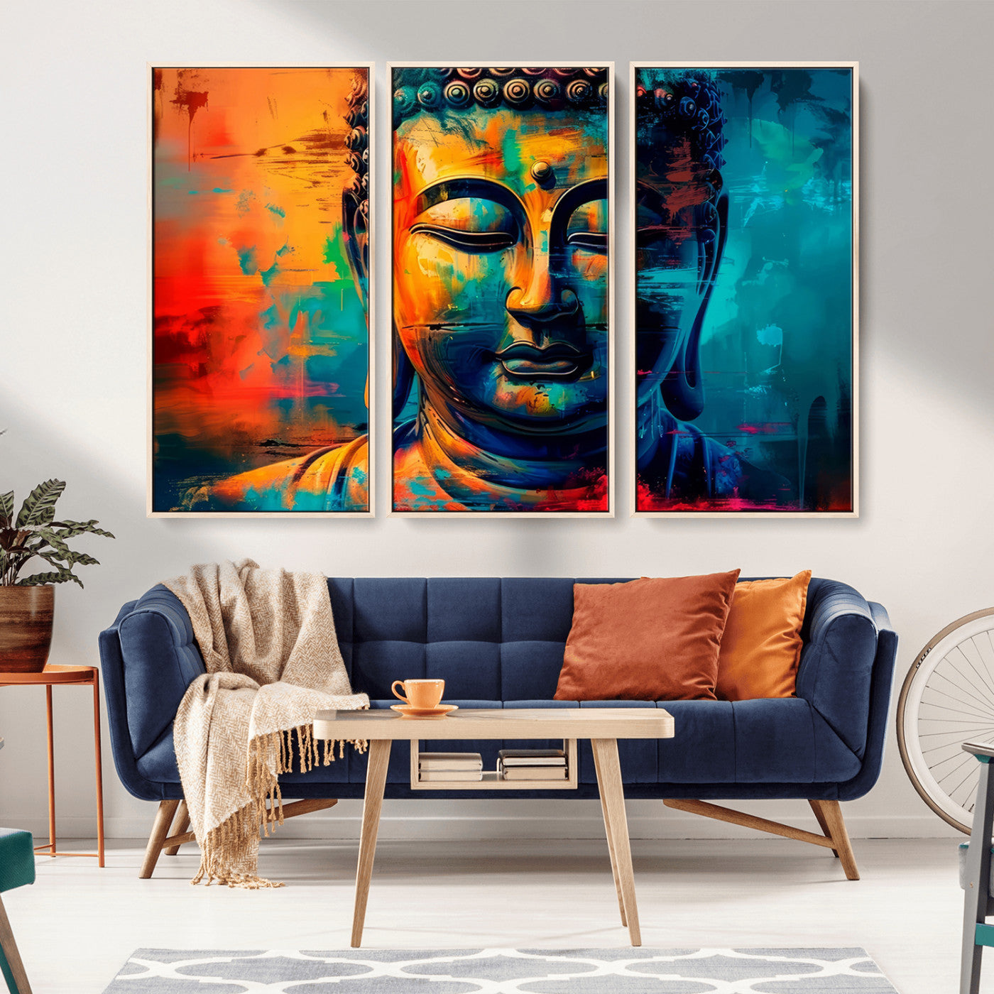 A vibrant, abstract artistic rendition of a Buddha statue face, blending bold and contrasting colors to evoke a sense of peace, spirituality, and enlightenment.