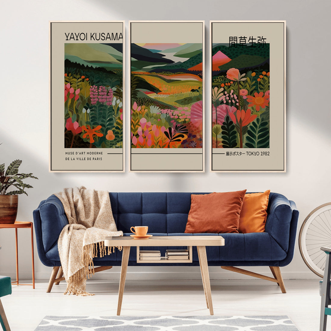 Yayoi Kusama Landscape Canvas Print, Vibrant Floral Mountain Art, Framed Kusama Printing