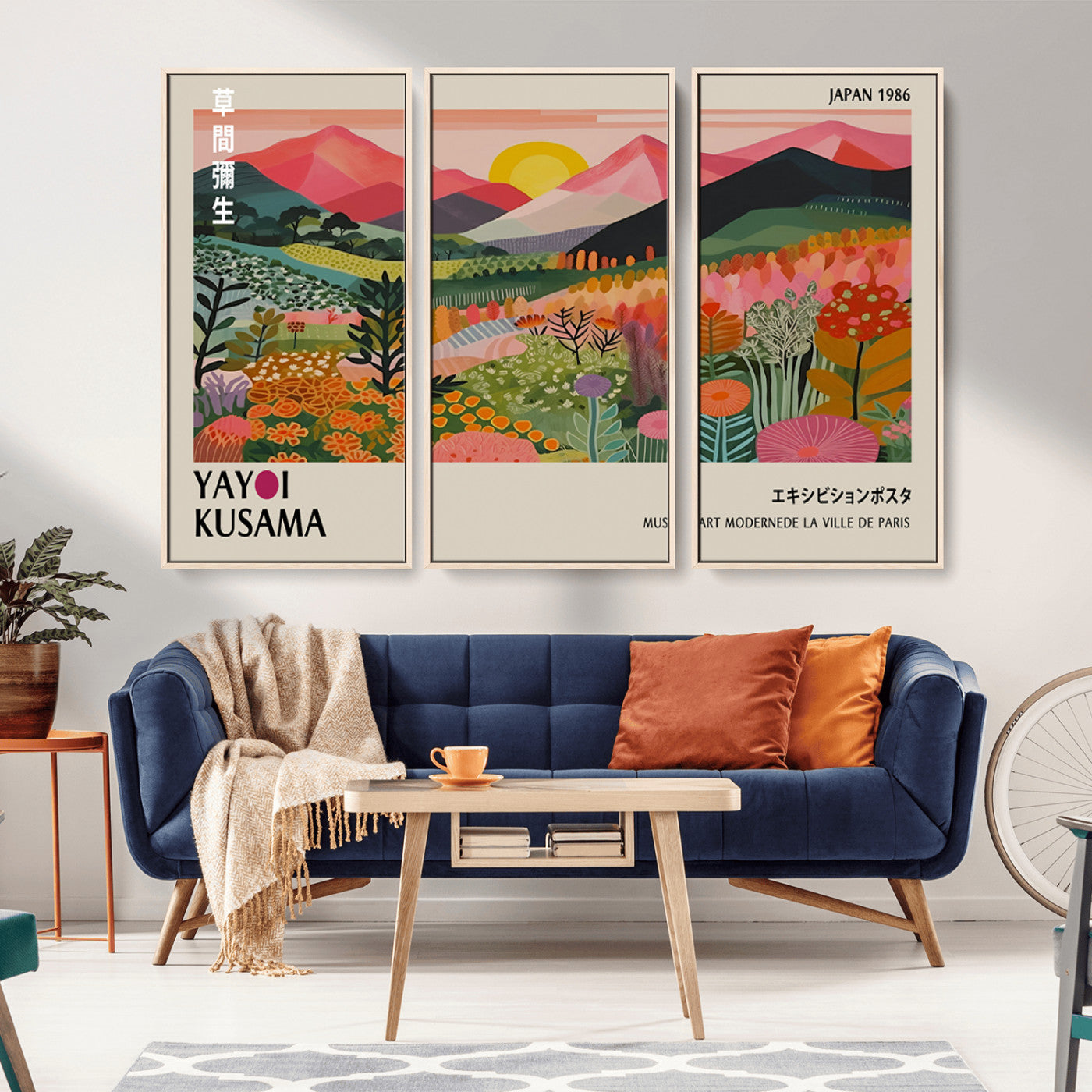MGV-FC-48X32-3P - Yayoi Kusama Landscape Canvas Print, Vibrant Floral Mountain Art Print, Framed Botanical Wall Art -