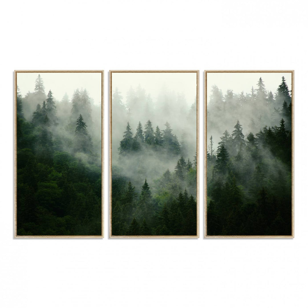 Misty Forest Mountain Wall Art | Large 3-Panel Foggy Landscape Canvas Print | Misty Forest Canvas Art | Nature Wall Art for Home | Mountain Fog Print