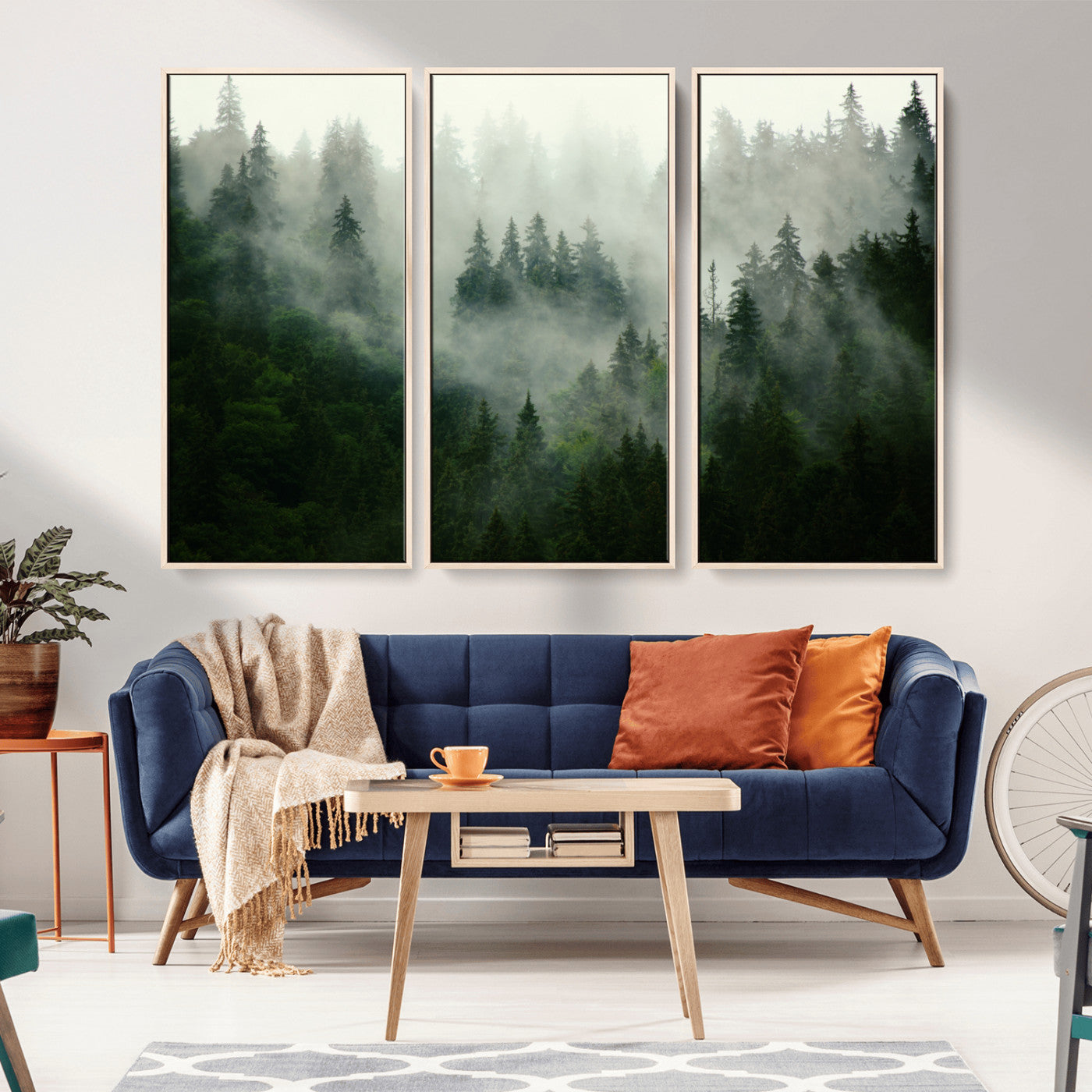 MGV-FC-48X32-3P - Misty Forest Mountain Wall Art Canvas  | Large 3-Panel Foggy Landscape Canvas Print | Nature Misty