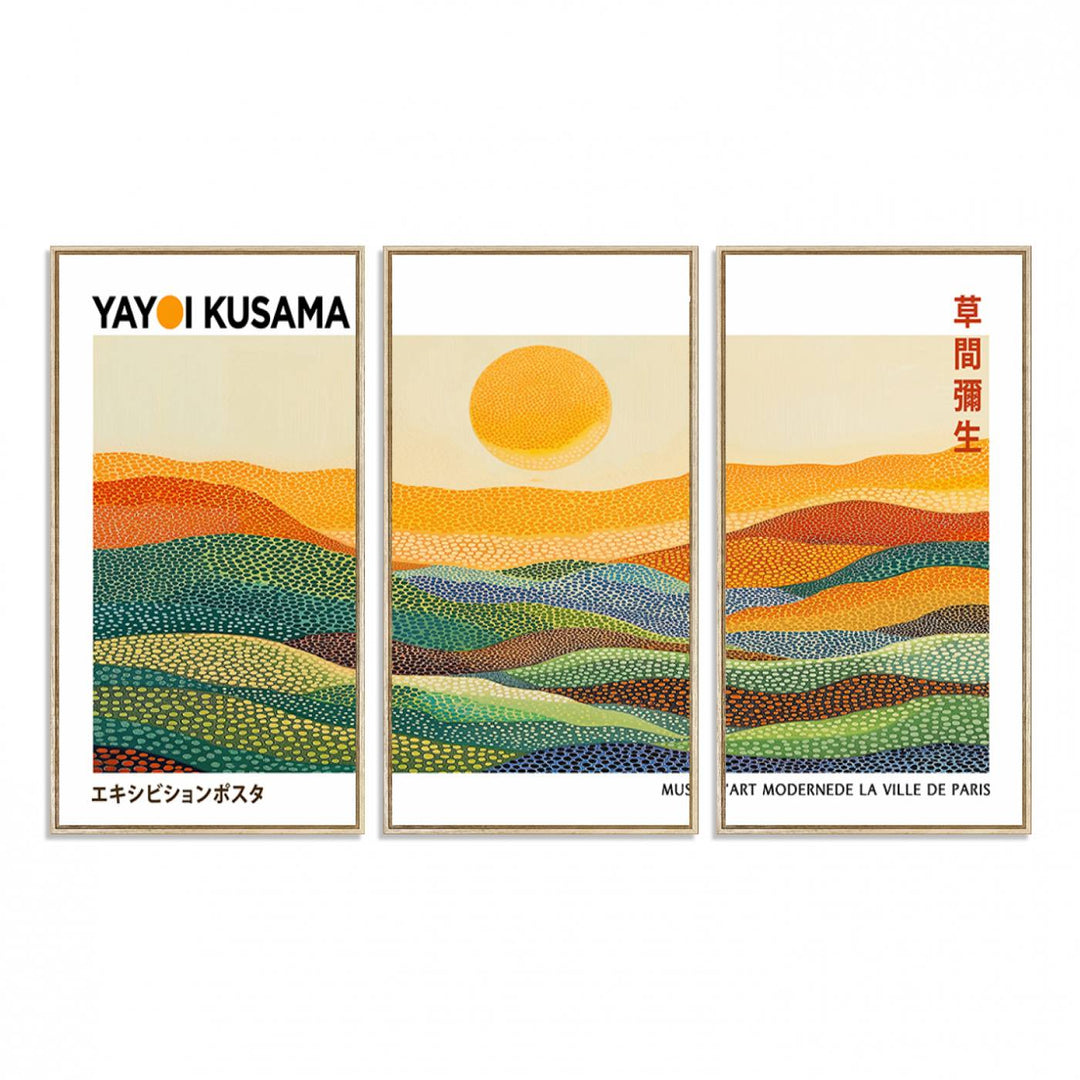 Framed Yayoi Kusama 1986 Wall Art: A vibrant abstract landscape featuring Wabi Sabi hills and a sun, created by the Japanese artist.