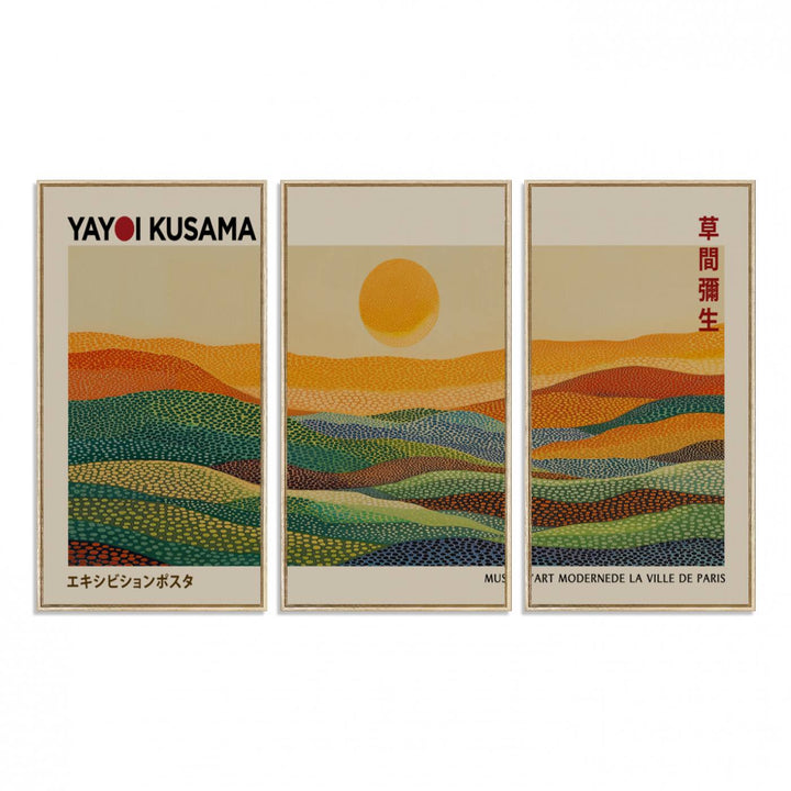 A framed Yayoi Kusama 1986 wall art print showcases a vibrant abstract landscape with colorful, wavy dots and a sun above the horizon.