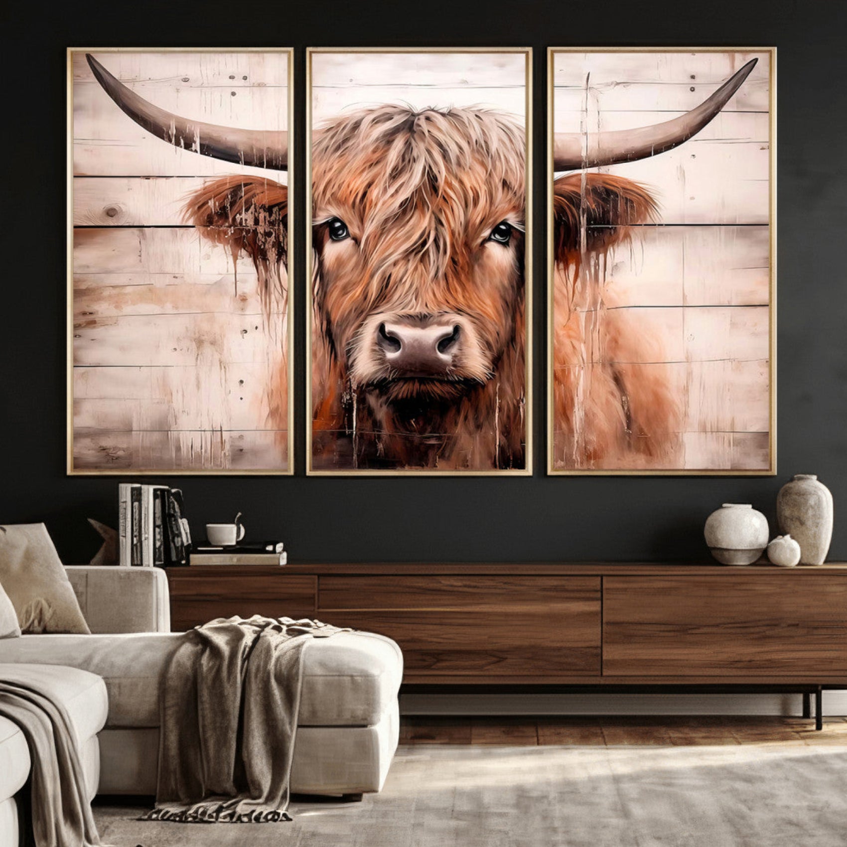 93730-MGV-CV-36X24 - Vintage Scottish Highland Cow Cattle Art Print Farmhouse Wall Art Canvas Print