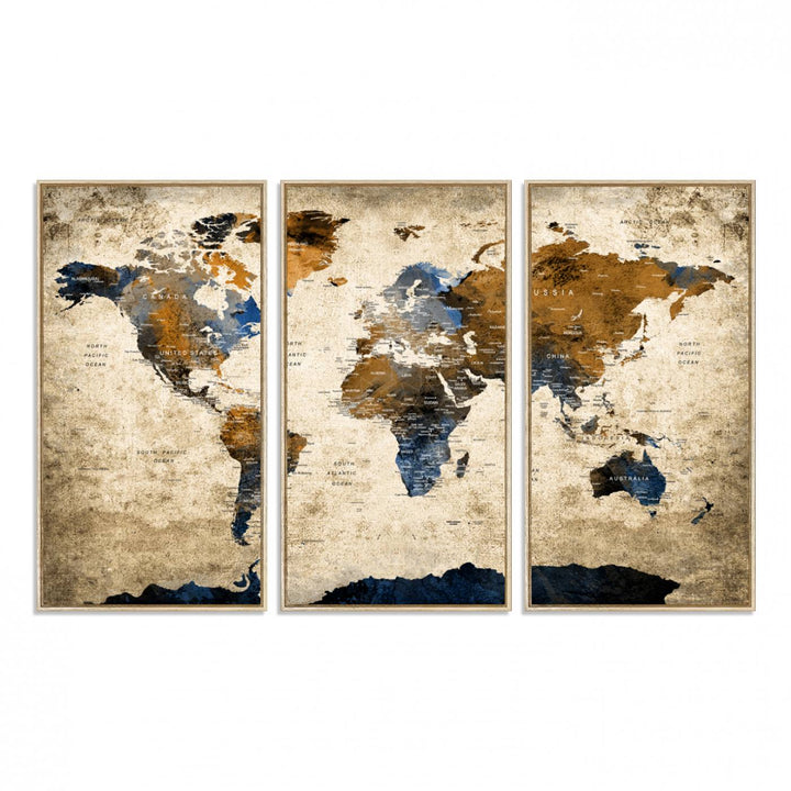 A Vintage World Map Canvas featuring brown, blue, and white on a textured background. Ideal for wall art in living rooms or offices.