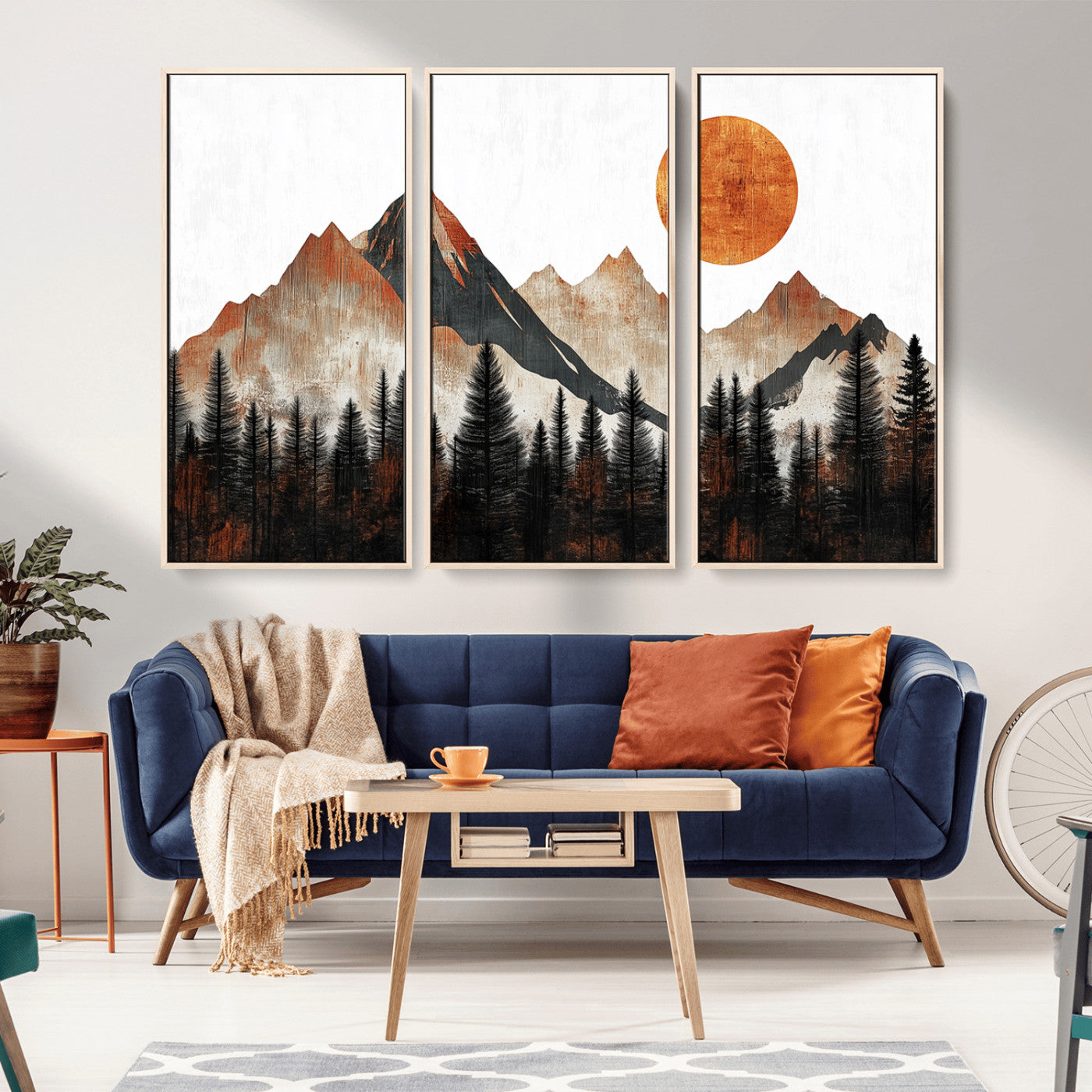 MGV-FC-48X32-3P - Modern Abstract Mountain Canvas Wall Art Print, Abstract Landscape Print, Rustic Sun and Mountains