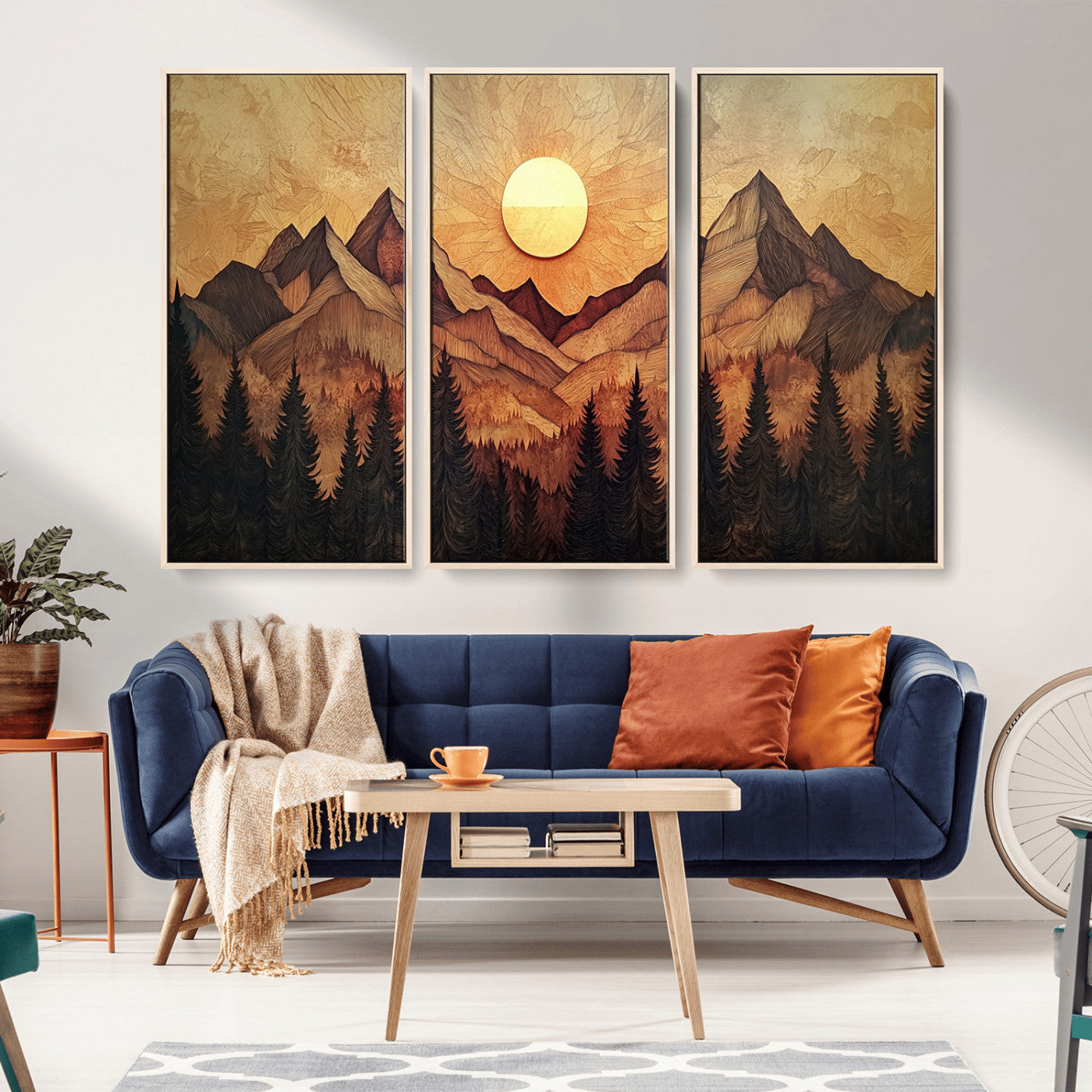 MGV-FC-48X32-3P - Wood Style Abstract Mountain Sunset Canvas Wall Art Print - Warm Earth Nature-Inspired Decor for