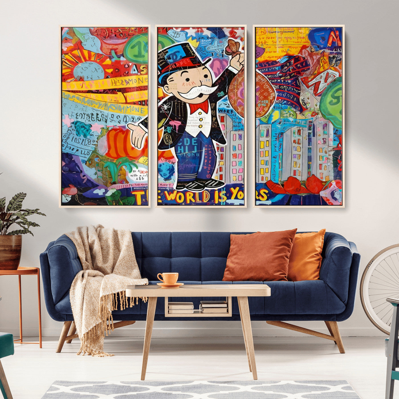 MGV-FC-48X32-3P - Pop Art Monopoly Man Canvas Wall Art Print - Bold and Colorful Street Art-Inspired Decor for Living