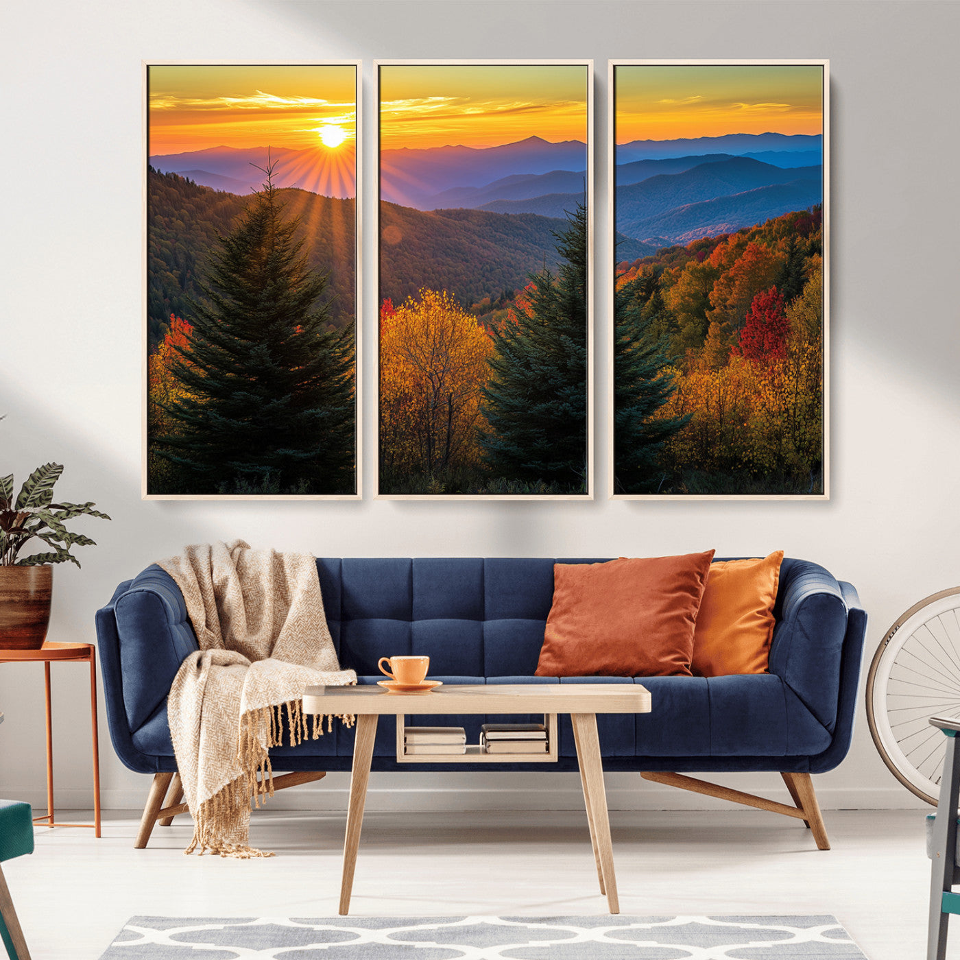 MGV-FC-48X32-3P - Golden Sunset Over Mountain Forest Canvas Wall Art Print - Warm Nature-Inspired Landscape for Living