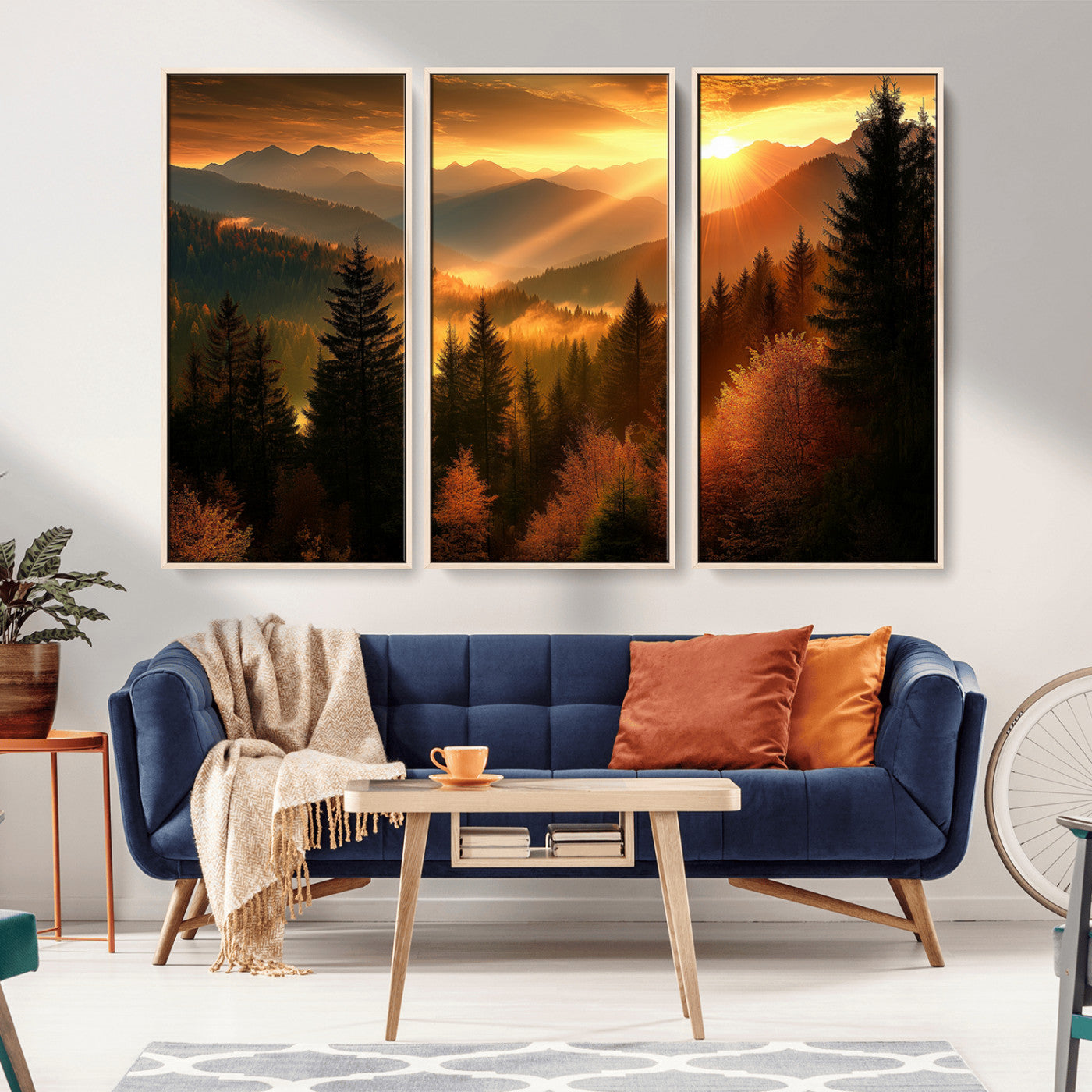 MGV-FC-48X32-3P - Golden Sunset Over Mountain Forest Canvas Wall Art Print - Warm Nature Landscape Print