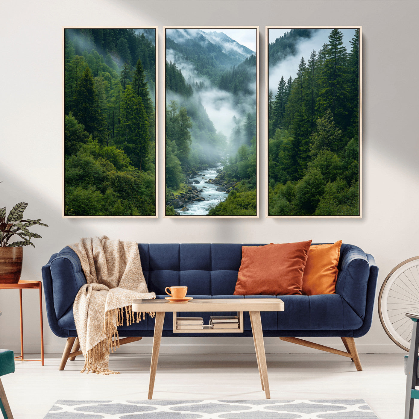 MGV-FC-48X32-3P - Mountain Forest River Canvas Wall Art Print - Serene Nature Landscape for Living Room, Office, or