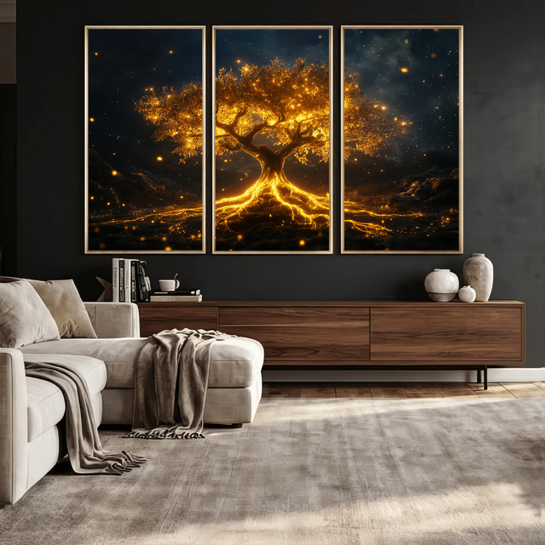 Golden Tree of Life Canvas Wall Art Print, Majestic Glowing Tree Design, Nature Inspired Wall Decor