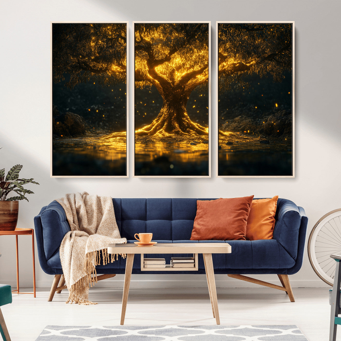 MGV-FC-48X32-3P - Golden Tree of Life Canvas Wall Art Print - Majestic Glowing Tree Wall Art Print