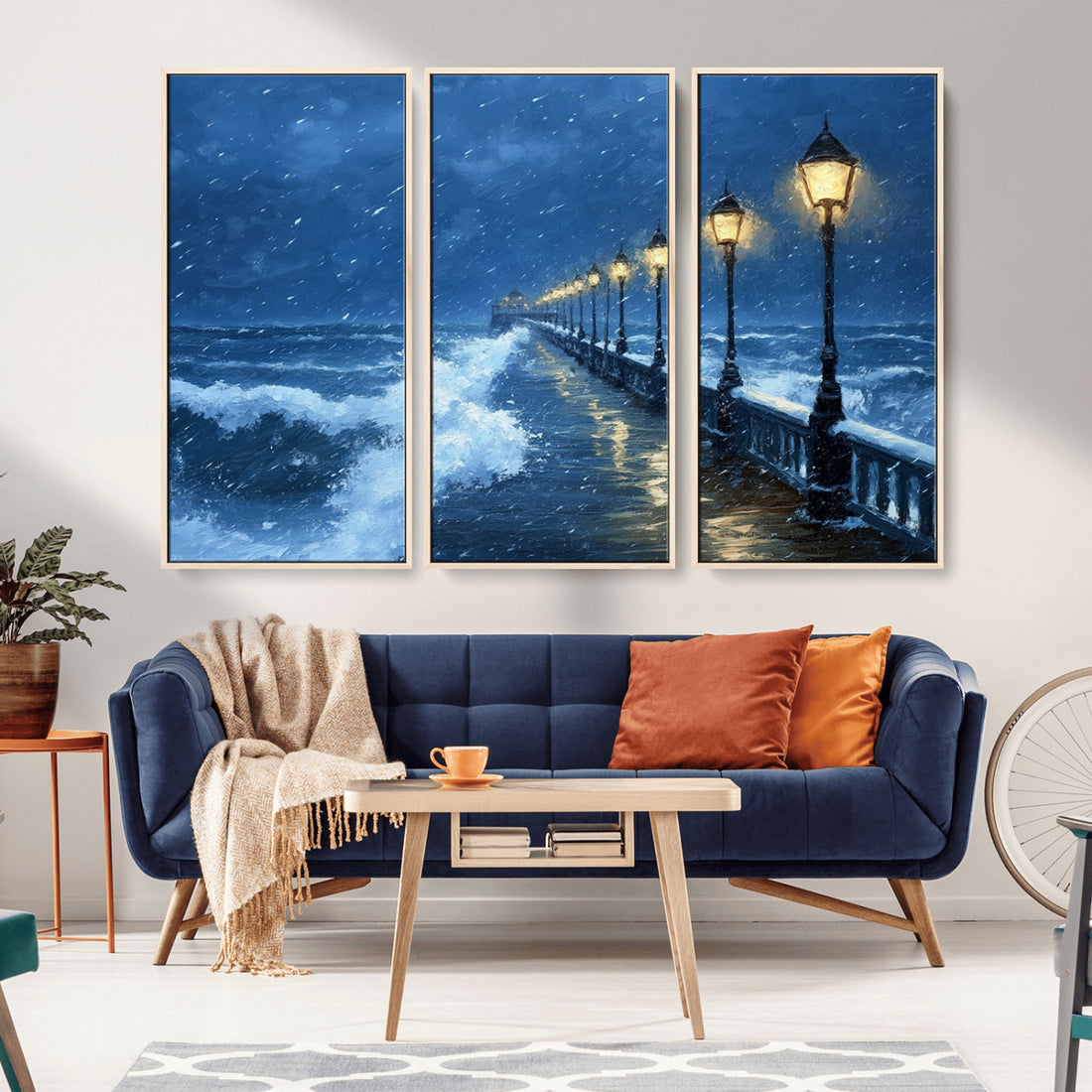 Stormy Ocean Pier Lights Canvas Wall Art Print, Large Moody Night Scene, Modern Seaside Decor