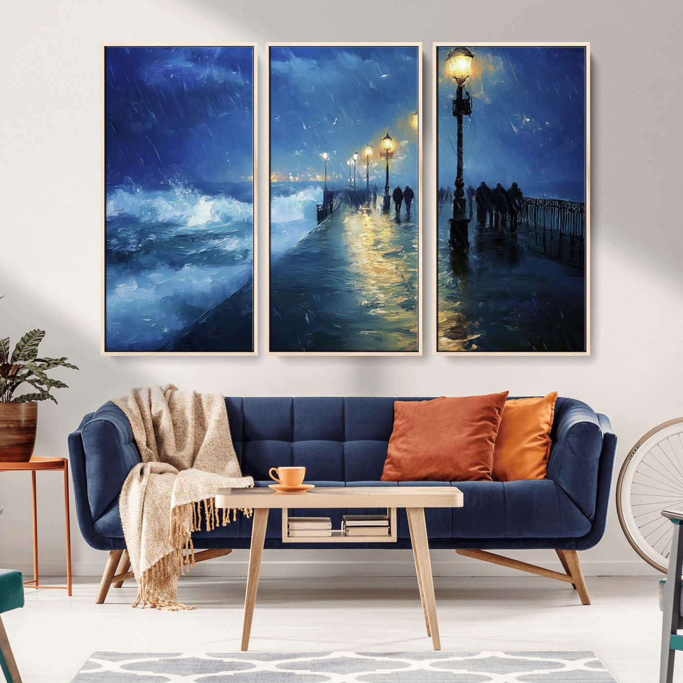 MGV-FC-48X32-3P - Abstract Stormy Ocean Pier Canvas Wall Art Print | Stormy Ocean Art | Large Moody Night Scene Print,