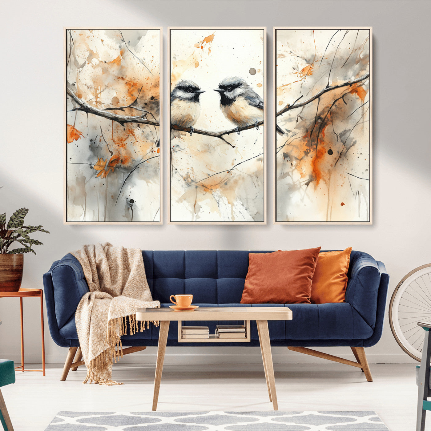 A soft and elegant watercolor painting of two chickadees perched on a delicate branch, surrounded by splashes of orange and neutral tones evoking a calm autumn day.