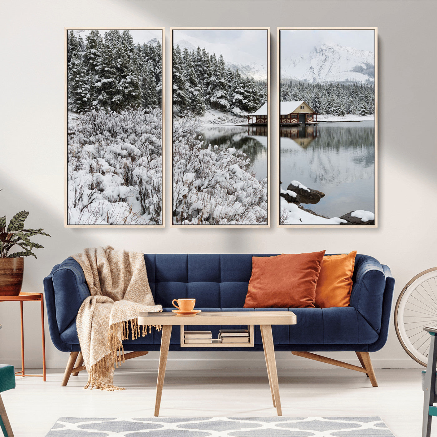 MGV-FC-48X32-3P - Winter Wall Art - Cabin by the Lake Canvas Wall Art - Serene Snowy Landscape with Mountain View,
