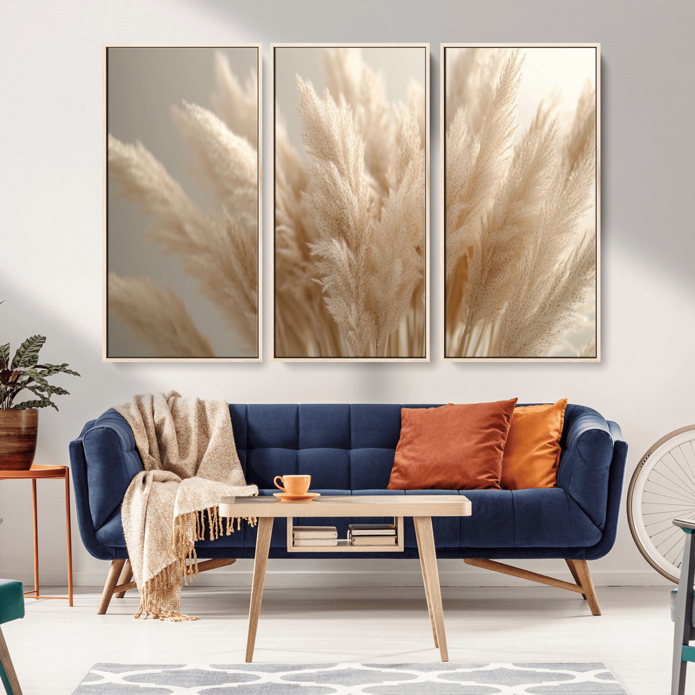 MGV-FC-48X32-3P - Pampas Grass Canvas Wall Art - Elegant Neutral Decor for Living Room, Boho Minimalist Artwork, Ready