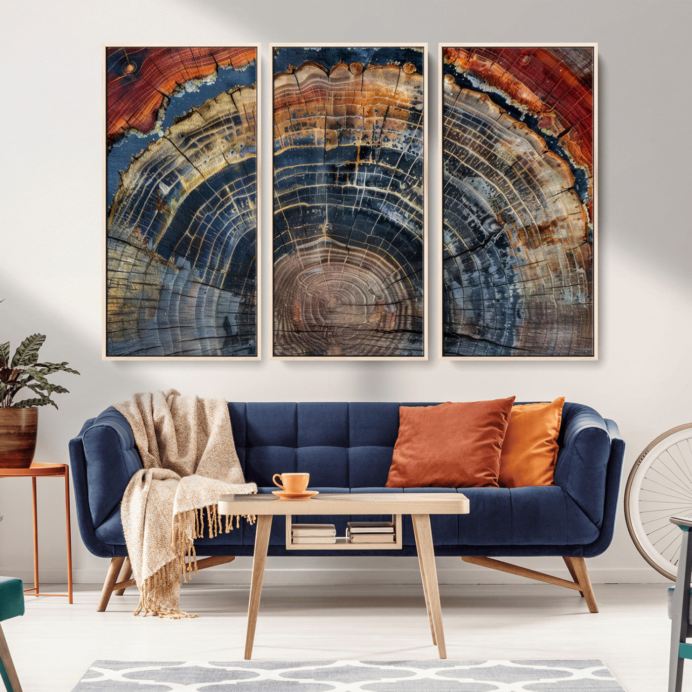 MGV-FC-48X32-3P - Abstract Tree Ring Wall Art, Colorful Framed Tree Ring Wall Decor, Minimalist Home Canvas Art,