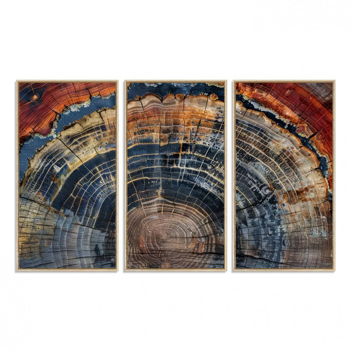The Abstract Tree Ring Wall Art in orange, blue, and gray perfectly complements minimalist nature-inspired home decor.