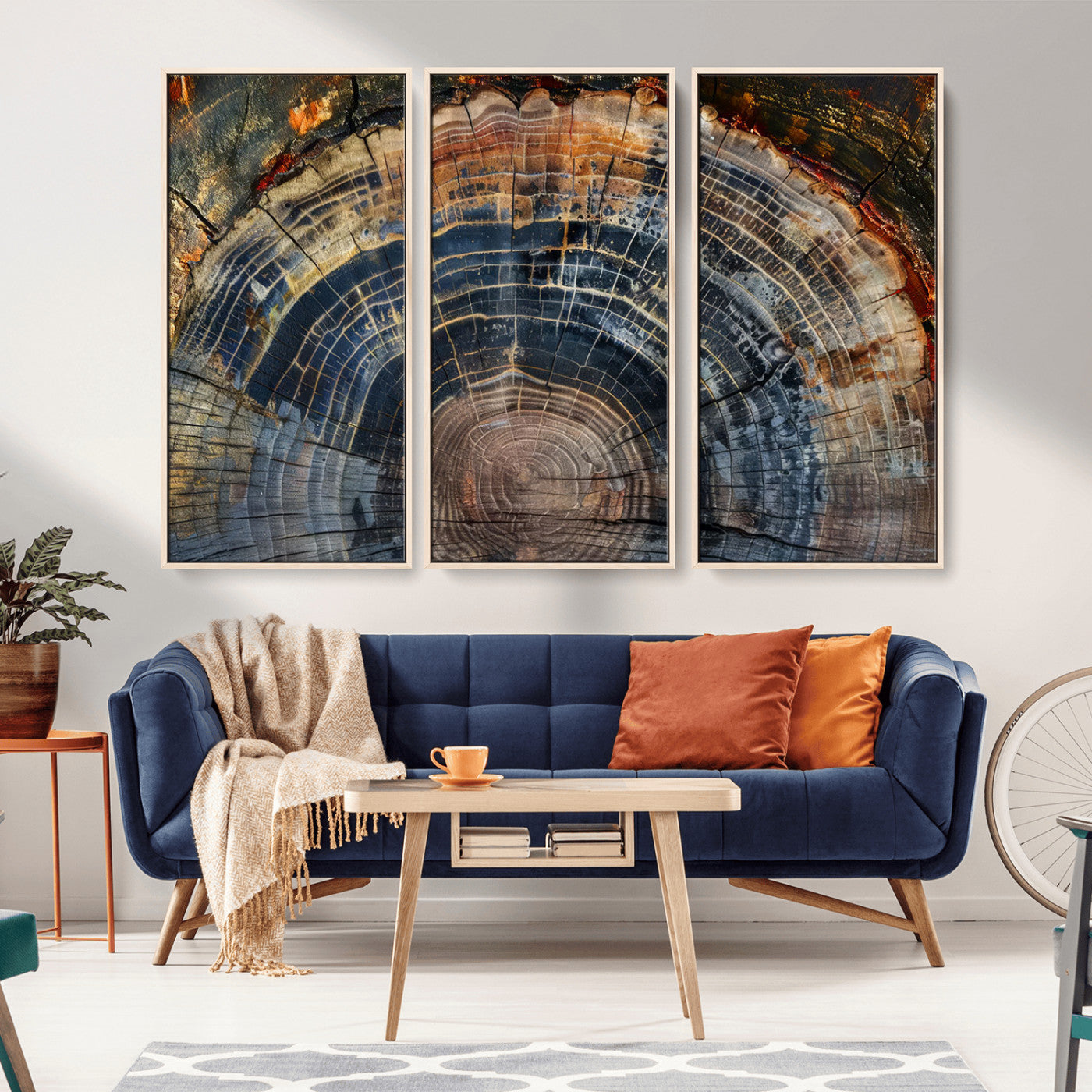 MGV-FC-48X32-3P - Framed Tree Ring Wall Art - Abstract Colorful Tree Ring Wall Decor, Minimalist Home Canvas Art,
