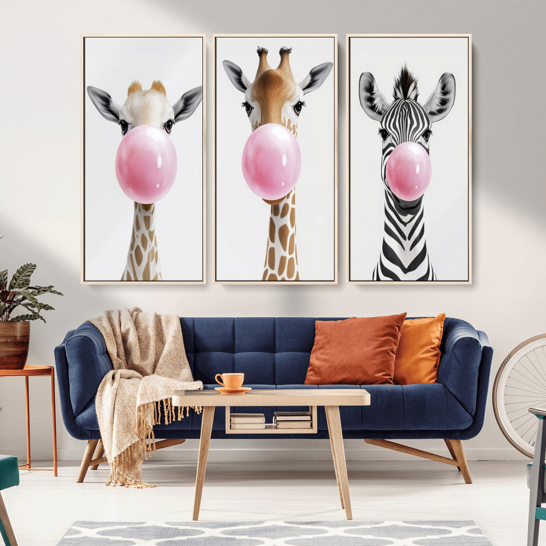 Bubblegum Animals Canvas Wall Art, Playful Giraffe and Zebra Trio, Whimsical Nursery and Kids Room Decor