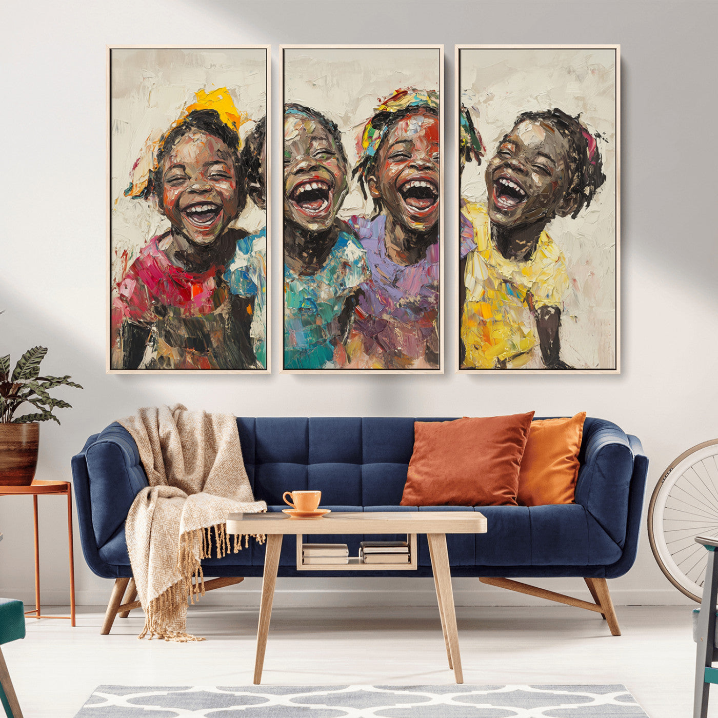 MGV-FC-48X32-3P - Shai Yossef style Joyful Childhood Canvas Wall Art - Expressive Impasto Painting of Black Children
