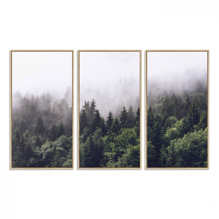 A serene triptych nature print featuring a misty forest, perfect as wall art.