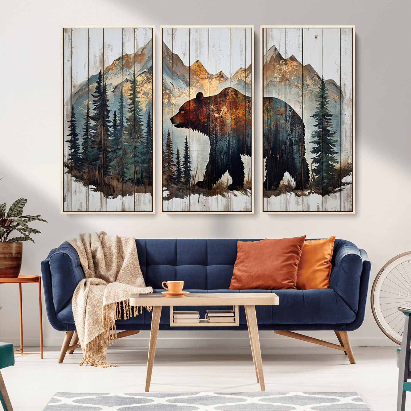 55777-MGV-CV-36X24-Rustic Grizzly 399 Bear and Mountain Wood Canvas Wall Art - Framed Nature Artwork with Forest