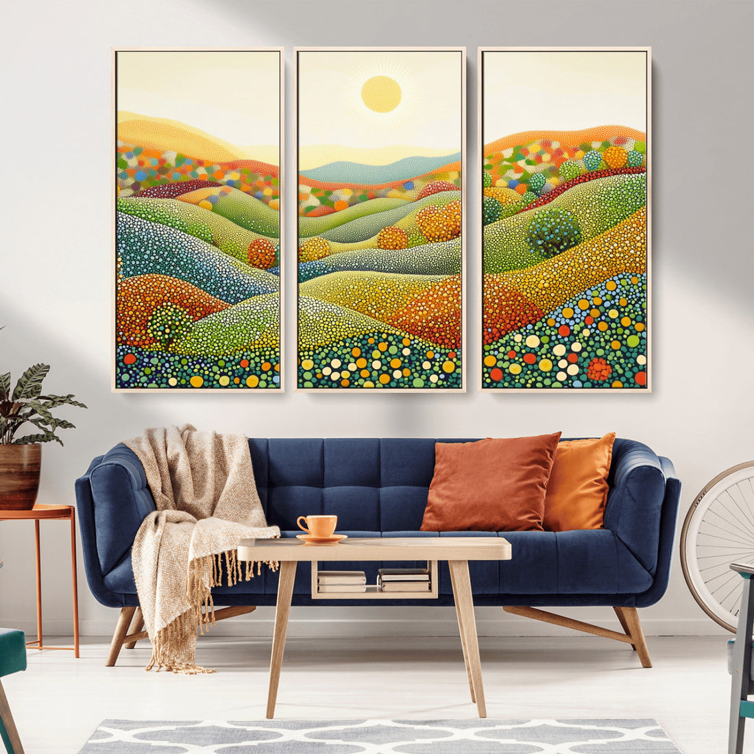 YAYOI KUSAMA Colorful Dot Art Landscape Canvas - Framed Abstract Pointillism with Rolling Hills and Sun