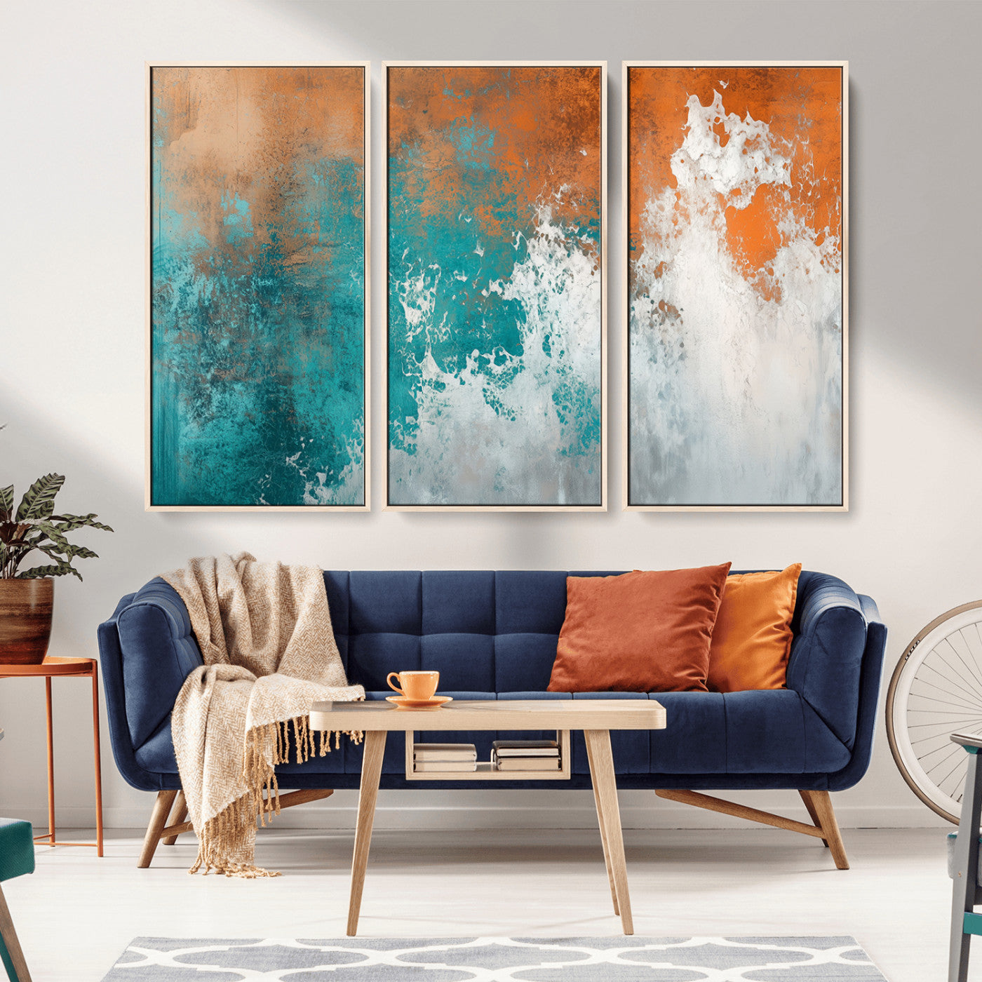 MGV-FC-48X32-3P - Vintage Abstract Print - Bold Teal and Orange Canvas Wall Art - Retro-Vintage Abstract Orange Canvas