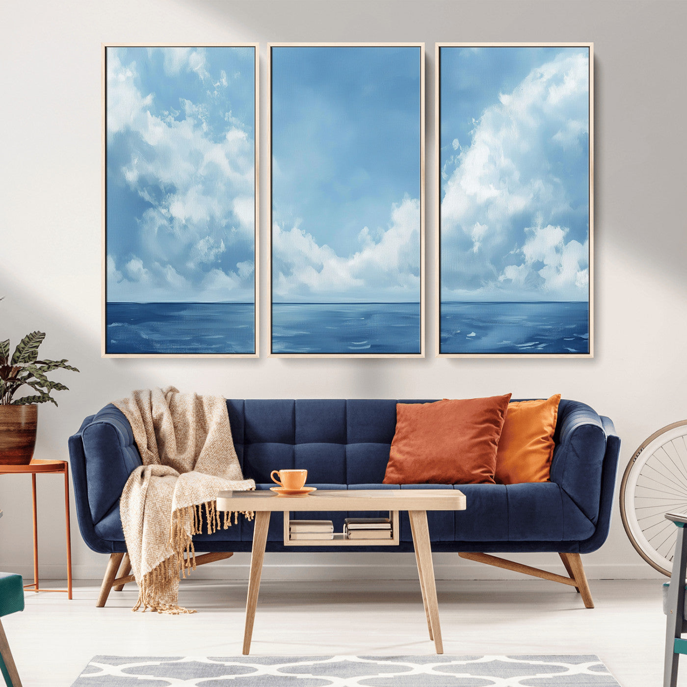 MGV-FC-48X32-3P - Abstract Ocean Print Artwork- Serene Blue Ocean Canvas Wall Art - Minimalist Ocean and Sky Canvas
