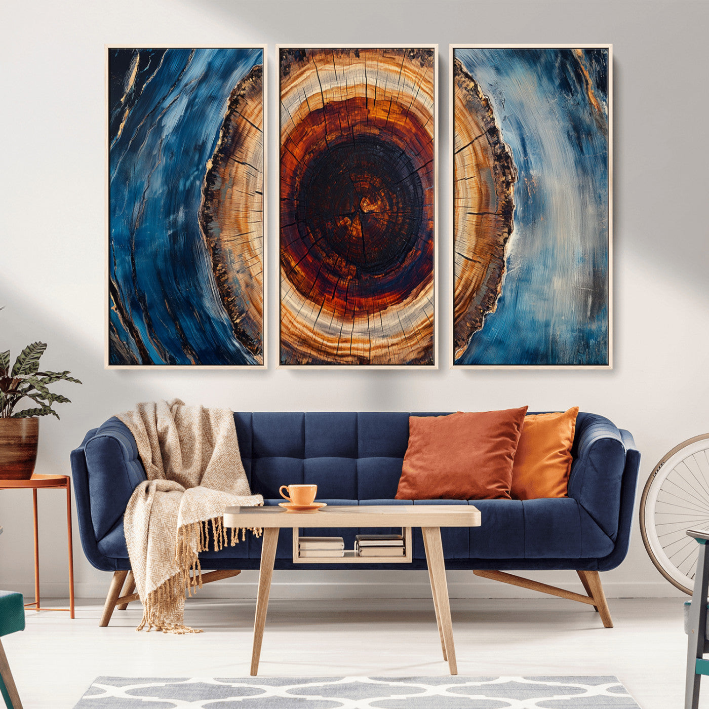 MGV-FC-48X32-3P - Framed Abstract Tree Ring Wall Art Print, Natural Rustic Wood Texture Canvas Print, Wood Tree Stump