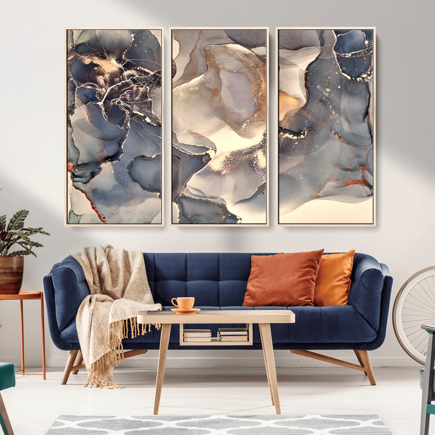MGV-FC-48X32-3P - Abstract Blue and Gold Wall Art - Fluid Ink Artwork - Modern Luxury Wall Decor for Contemporary