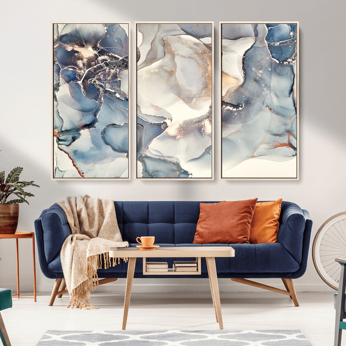 MGV-FC-48X32-3P - Abstract Blue and Gold Canvas Wall Art - Fluid Ink Artwork - Modern Luxury Wall Decor for Contemporary Interiors