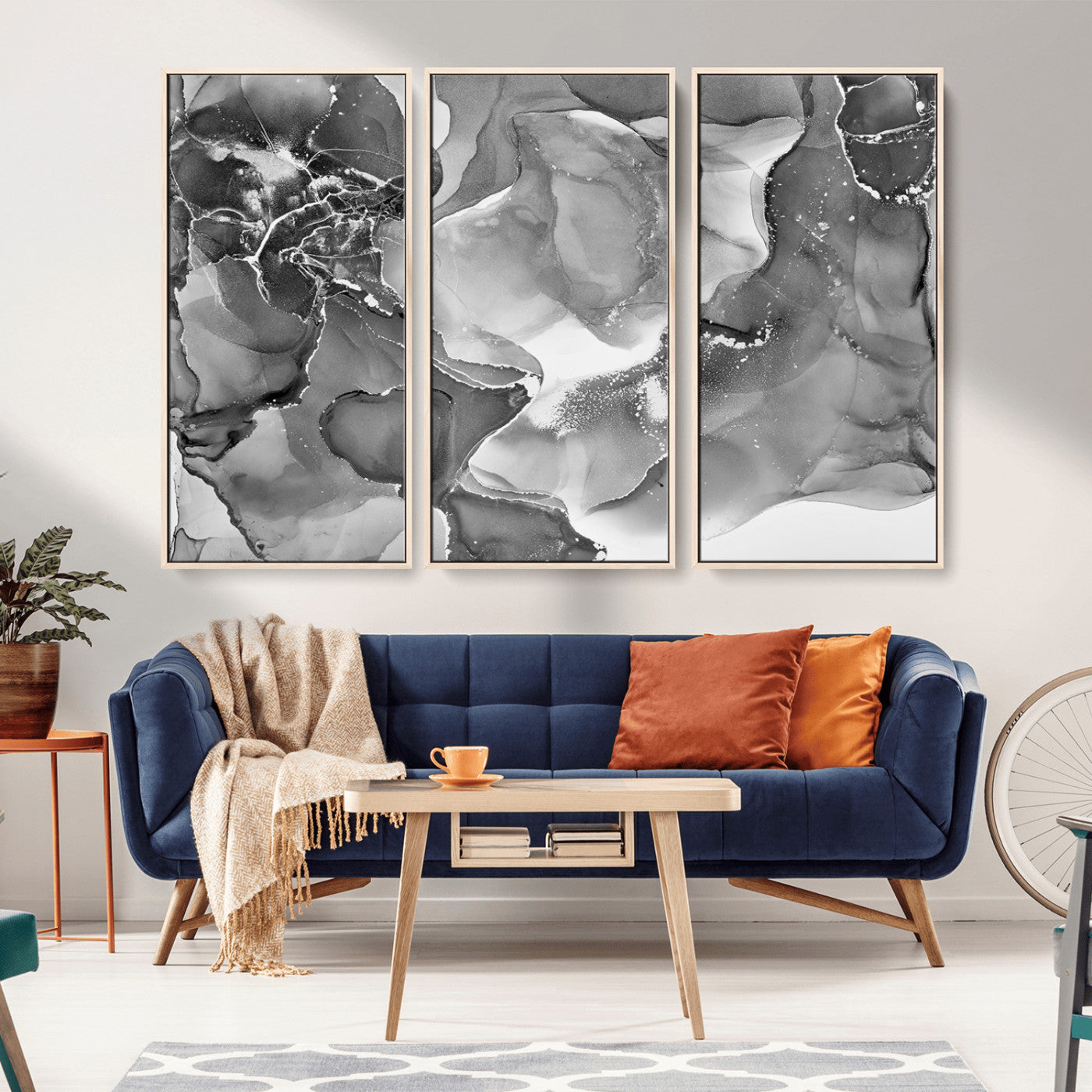 MGV-FC-48X32-3P - Black White Abstract Canvas Wall Art - Fluid Ink Artwork - Modern Luxury Wall Decor for Contemporary
