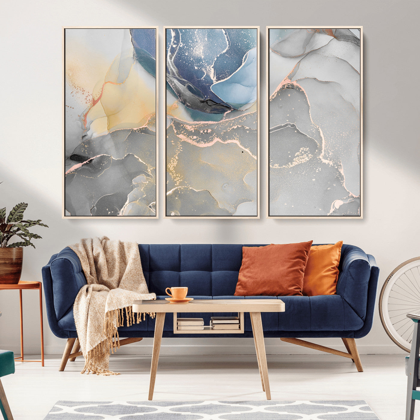 MGV-FC-48X32-3P - Large Abstract Blue and Gold Canvas Wall Art | Fluid Ink Artwork Print | Luxury Wall Decor for