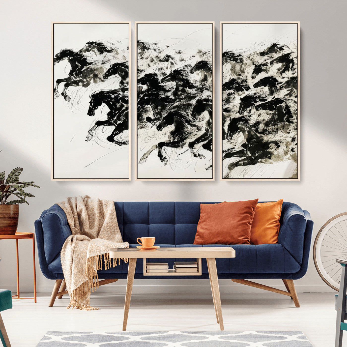 MGV-FC-48X32-3P - Abstract Horse Wall Art Canvas Print - Dynamic Black Ink Horse Print - Modern Equine Wall Decor for