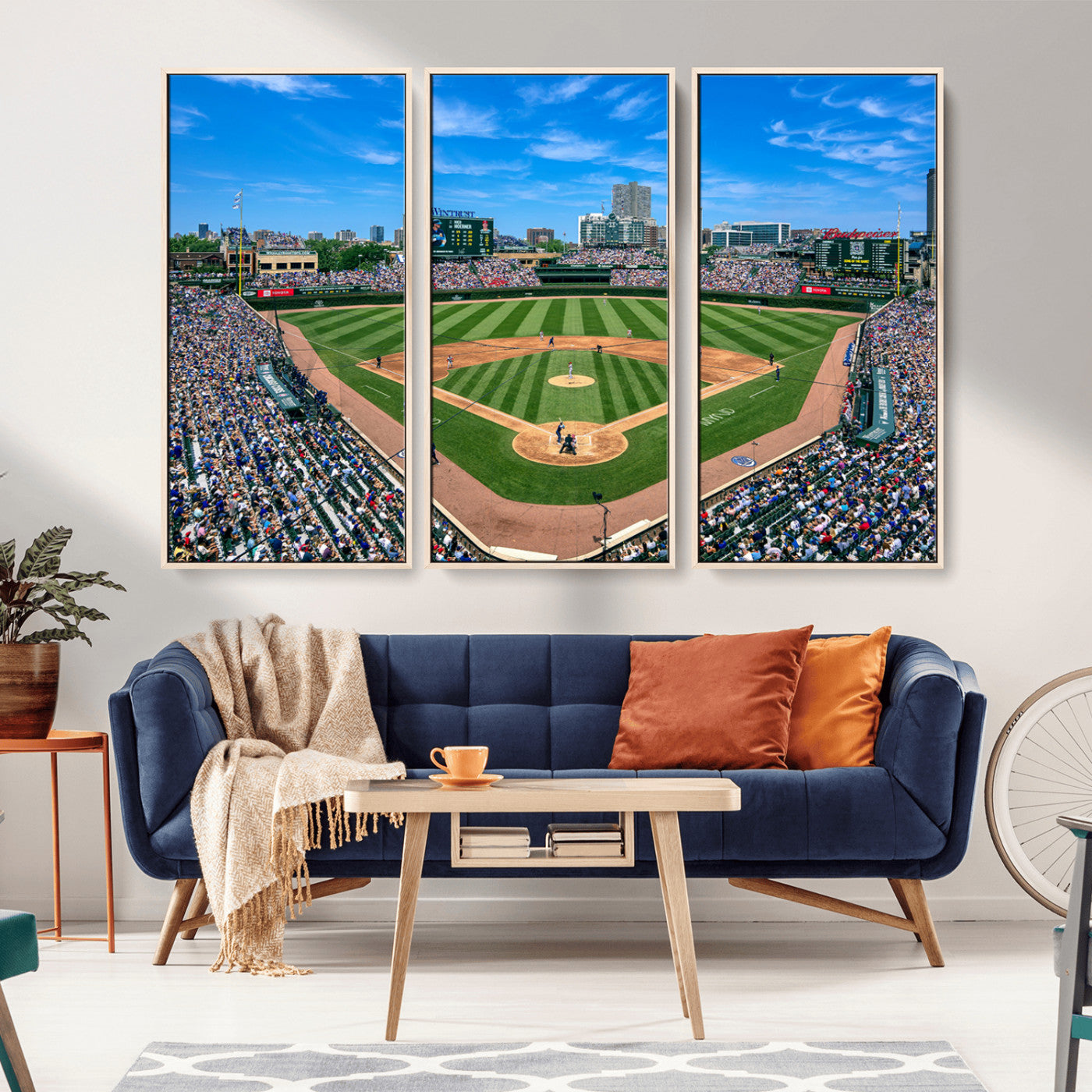 MGV-FC-48X32-3P - Framed Wrigley Field Chicago Cubs Print, Panoramic Multi Piece Canvas Wall Art - Iconic Baseball