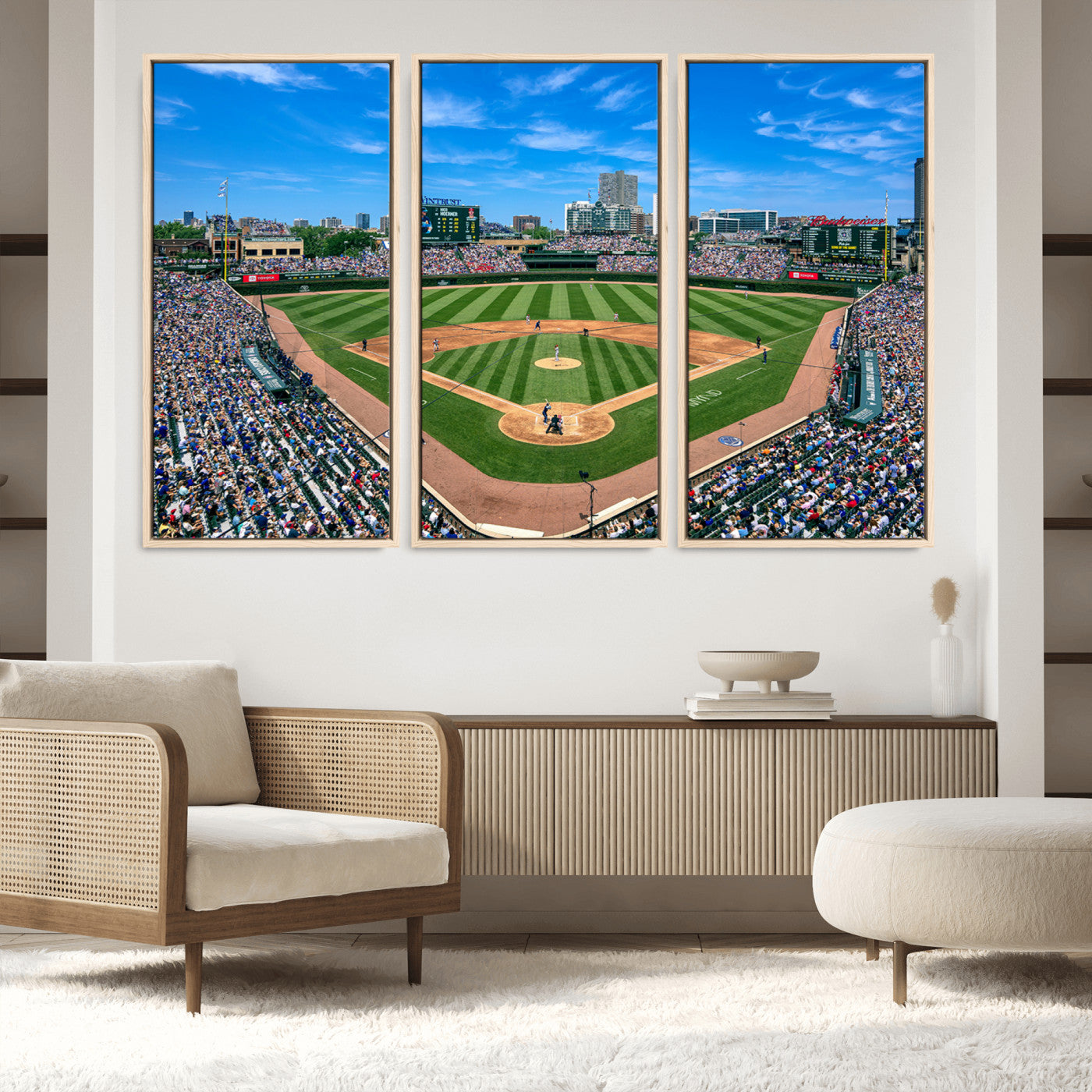 26064-MGV-FC-60X40-3P_Natural-Framed Wrigley Field Chicago Cubs Print, Panoramic Multi Piece Canvas Wall Art - Iconic Baseball Stadium Print for Sports Lovers - Ready to