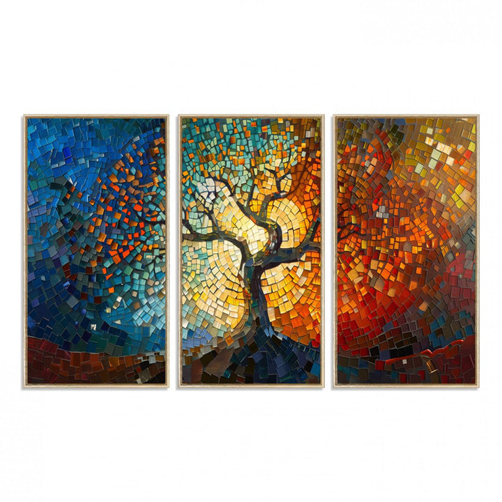 Mosaic Tree Canvas Wall Art: A stunning stained glass-inspired Tree of Life featuring blue and orange swirling patterns reminiscent of a sunburst.