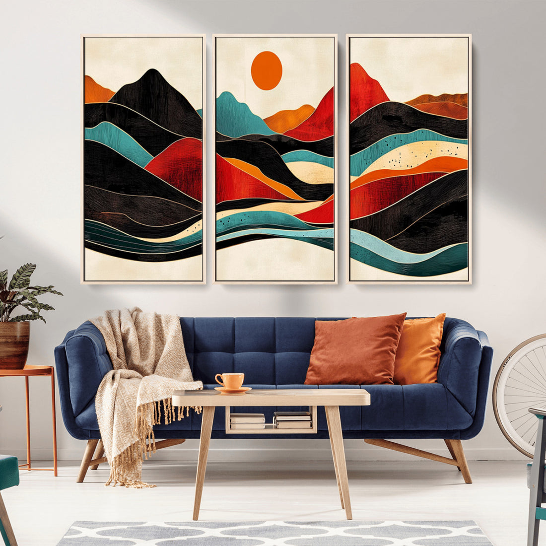 Western Wall Decor, Large Triptych Mountain Canvas, Boho Woodland Wall Art Print
