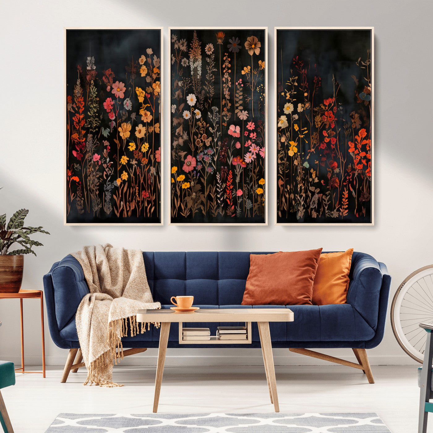 MGV-FC-48X32-3P - Dark Floral Canvas Wall Art - Moody Botanical Flower Print - Rustic Floral Wall Decor for Home -