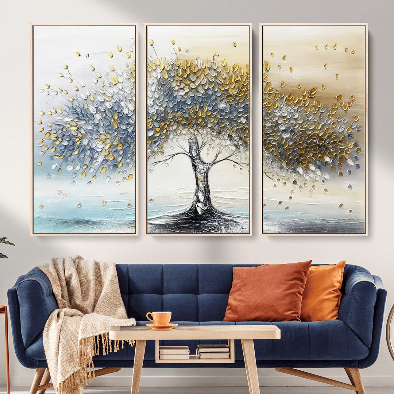 MGV-FC-48X32-3P - Golden & Silver Tree of Life Wall Art – Canvas Print with Whimsical Leaves Elegant Nature Design, Decorative Home, Office or Guest Room Decor
