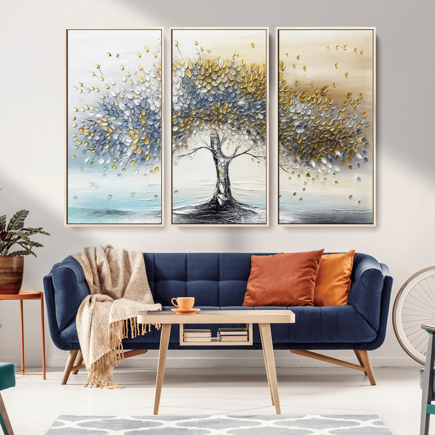 An elegant impasto painting featuring a tree with shimmering silver and gold leaves, blending soft pastels to create a calm and sophisticated atmosphere.