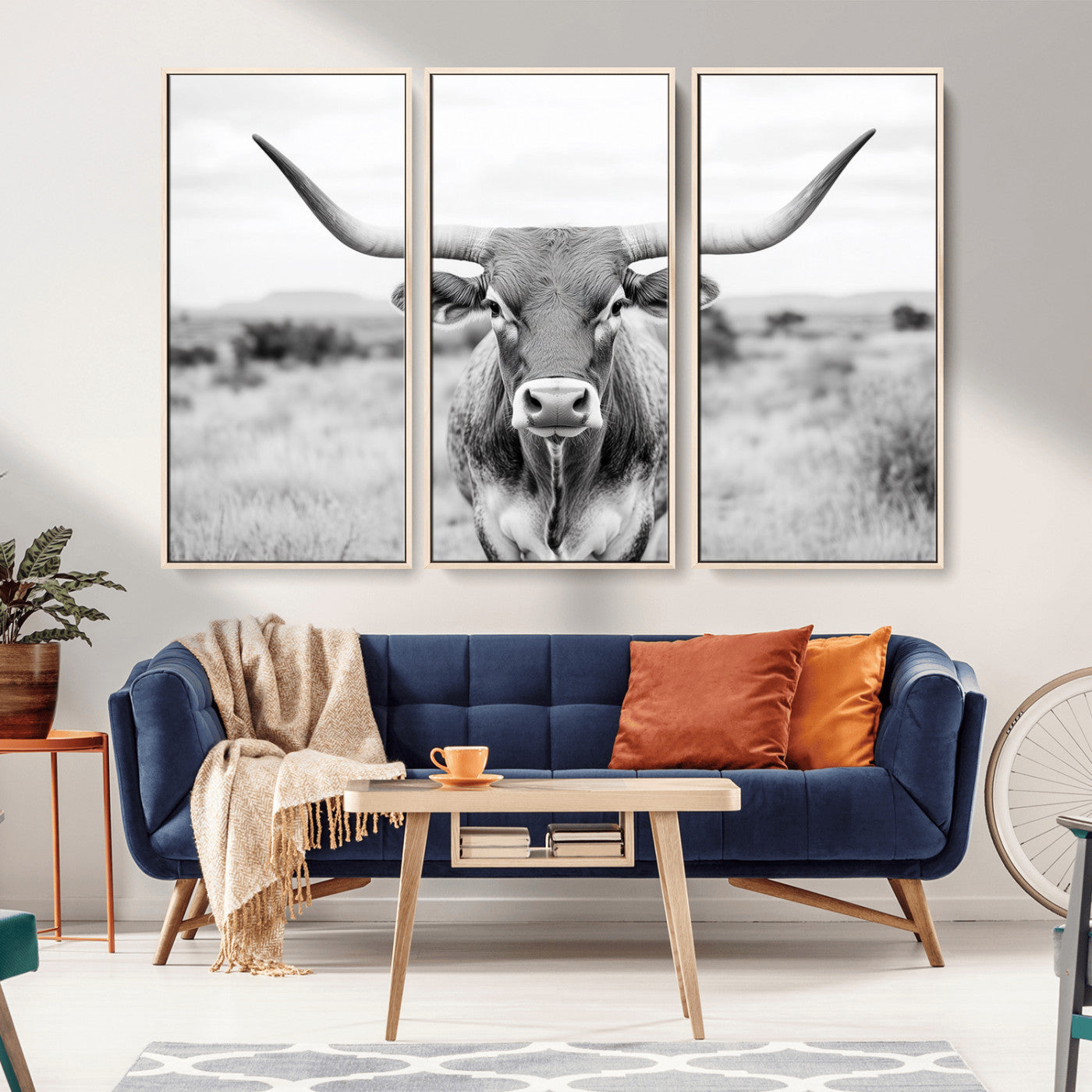MGV-FC-48X32-3P - Highland Cow Wall Art Print - Black and White Texas Western Longhorn Canvas - Farmhouse Decor Print