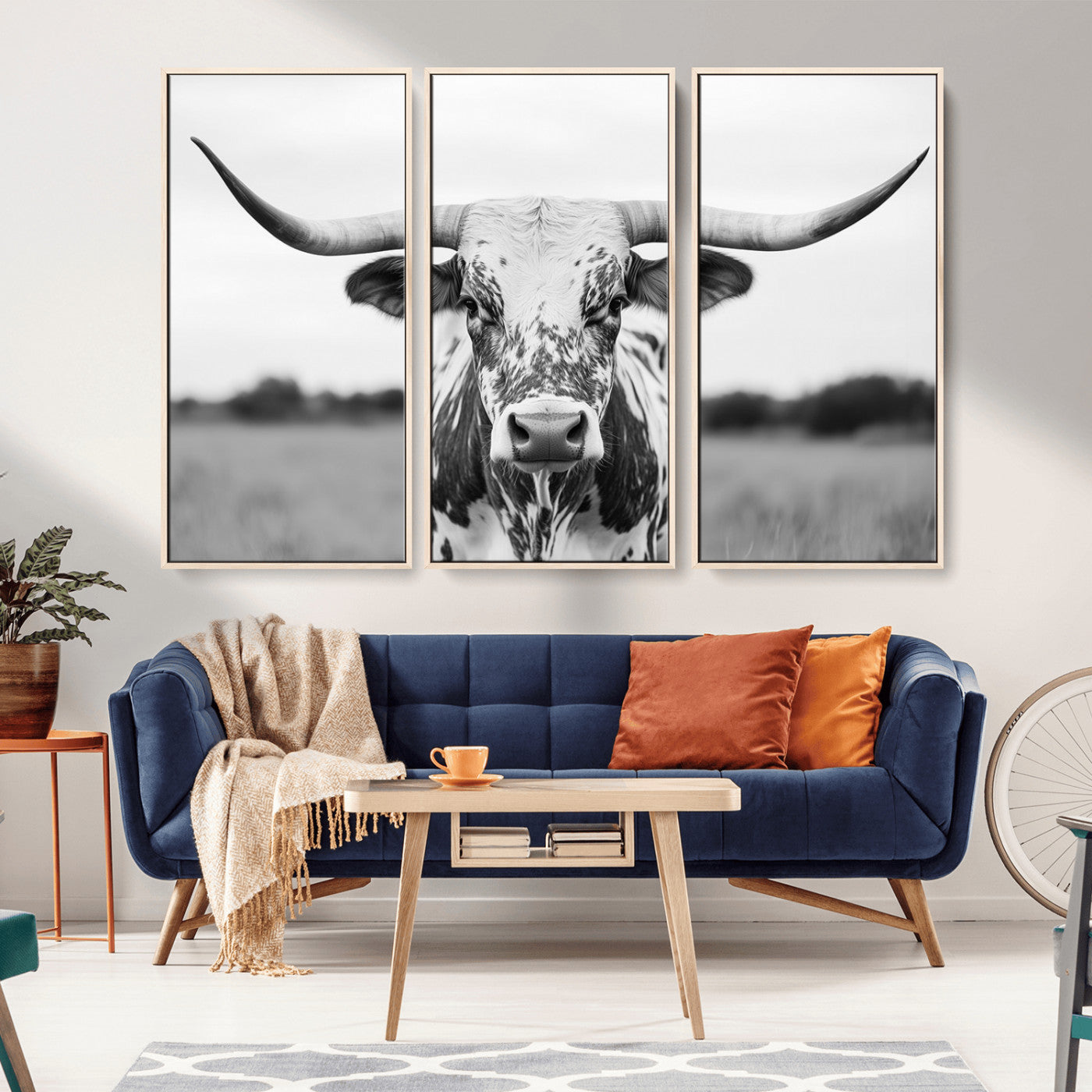MGV-FC-48X32-3P - Highland Cow Wall Art - Black and White Western Longhorn Canvas Print - Farmhouse Living Room Decor
