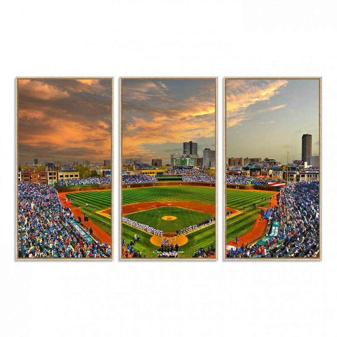 Aerial view of Wrigley Field at sunset against a vibrant sky, creating the perfect Chicago Wrigley Field Canvas Wall Art.