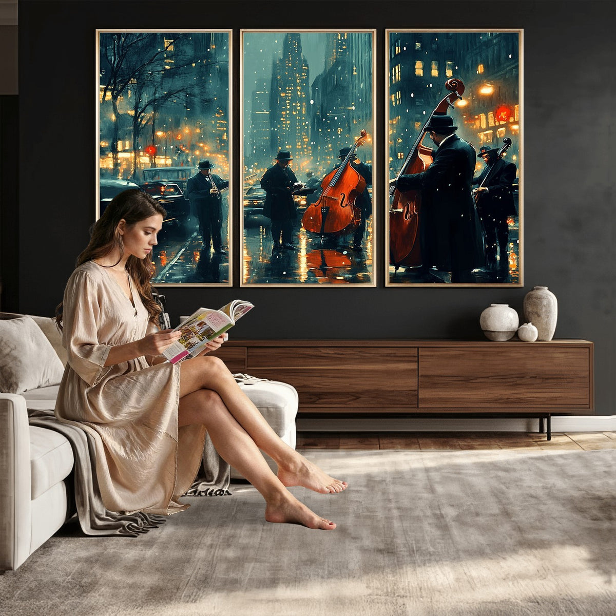 53391-MGV-CV-24X16 - Urban Night Jazz Wall Art Canvas Print | Moody Rain Soaked City Street Band Scene